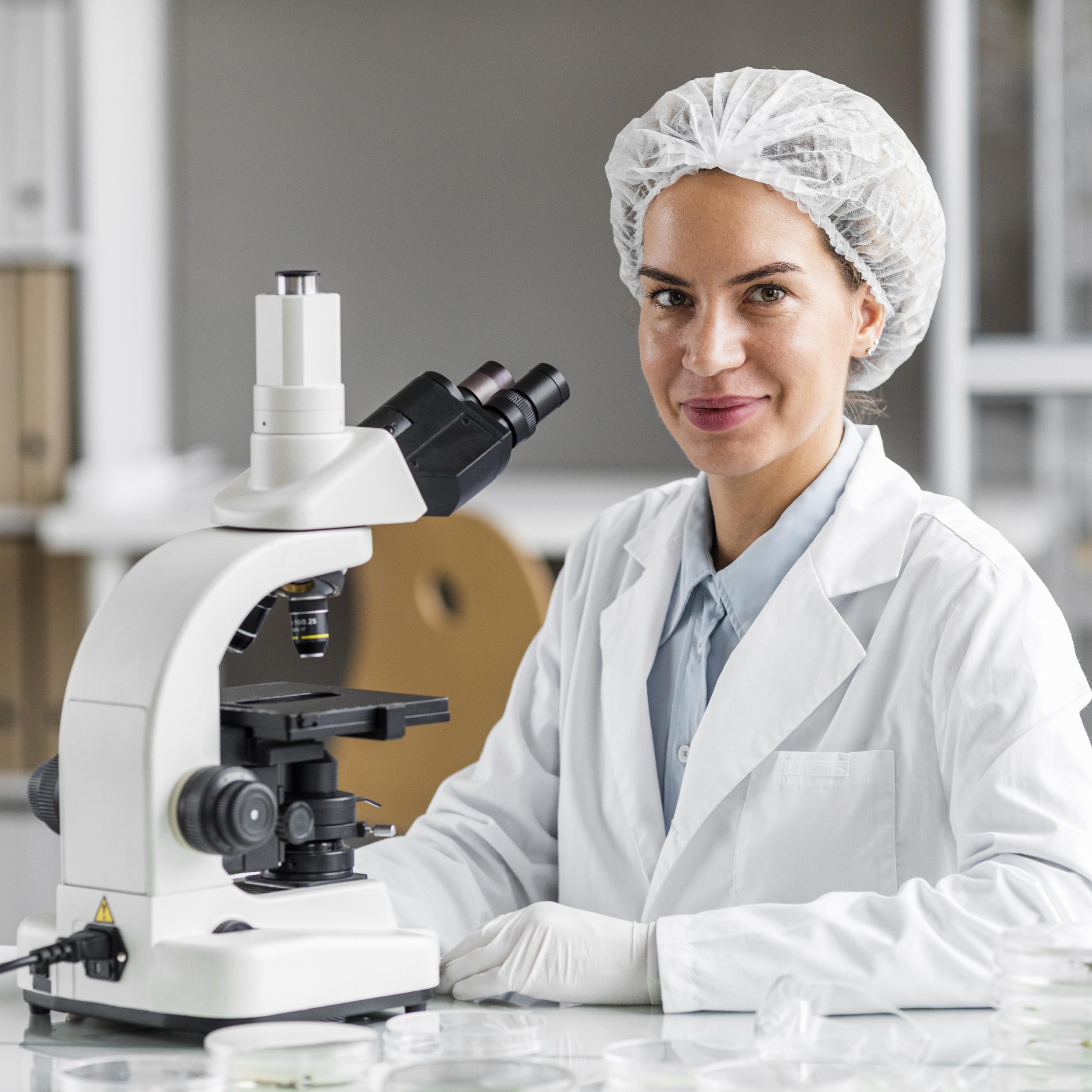 chercheuse-smiley-dans-laboratoire-biotechnologie-microscope